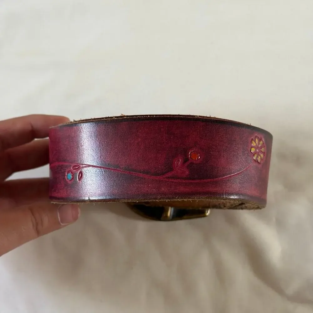 Pink Genuine Leather Floral Detail Belt Boho Artsy Sz 28 S
